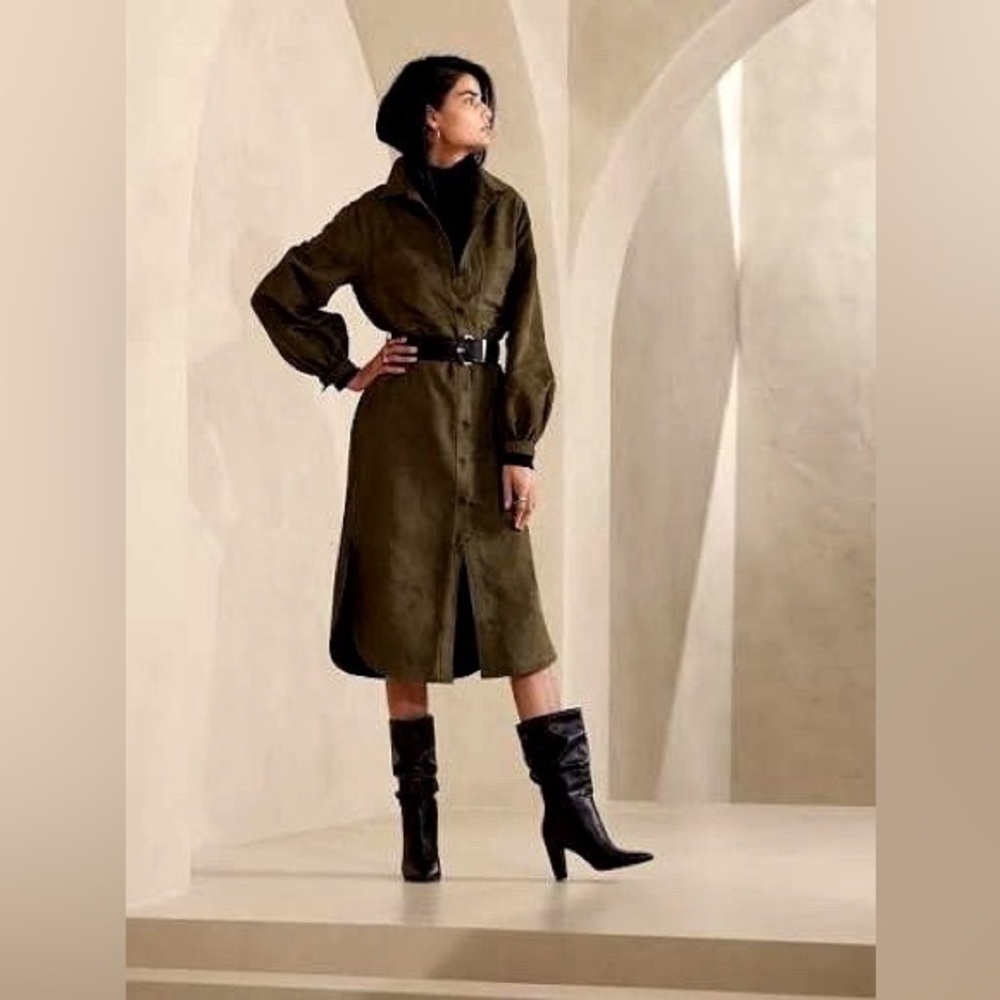 Banana Republic Heritage Olive Vegan Suede Maxi Shirt Dress Belted